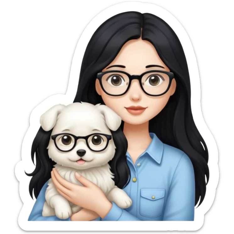 A beautiful girl with long black hair and glasses is holding a long-haired white puppy sticker