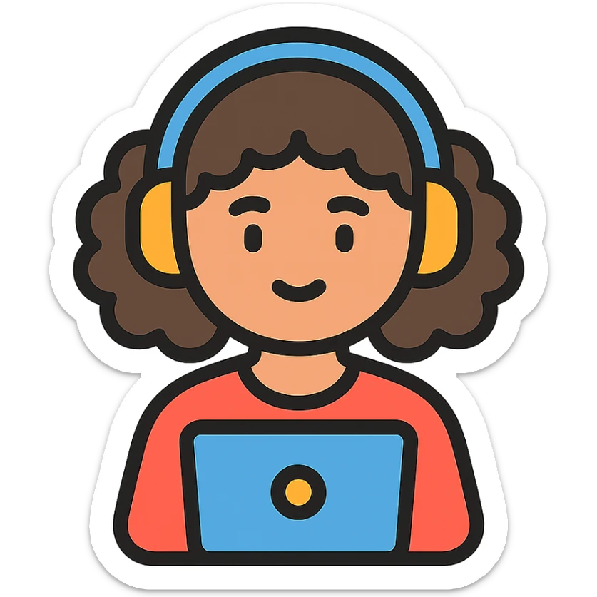 curly hair girl with headphones and a laptop, color outline icon sticker