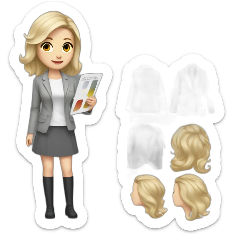 pale skin woman with cold blonde straight middle length hair, White blouse, Gray oversize jacket, Gray skirt holding a color palette in the hands sticker