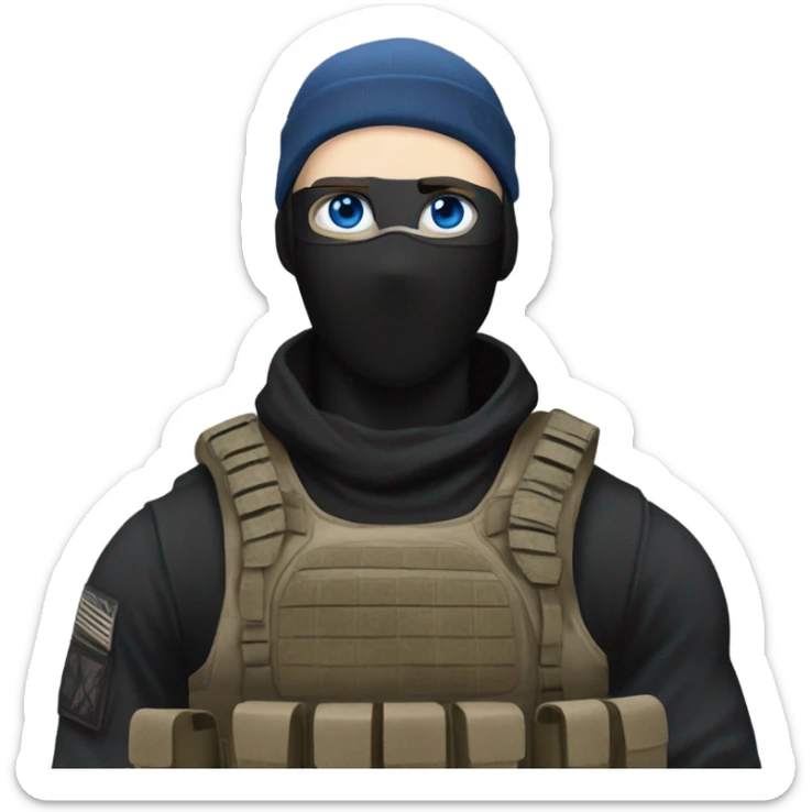 male, pale skin, call of duty black face mask, camo tactical gear, combat boots, black beanie, blue eyes sticker