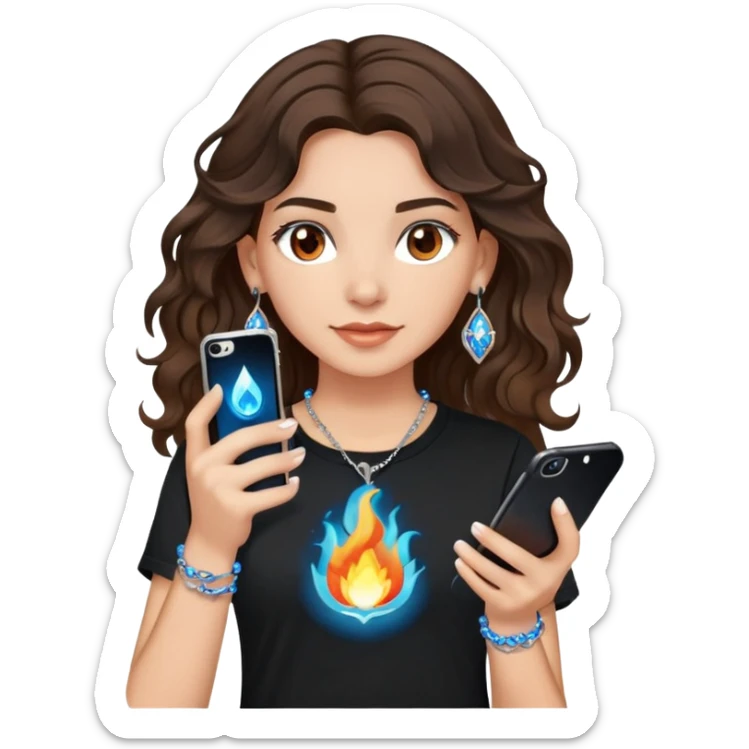 brunette girl with wavy medium length hair, brown eyes, light/medium skin tone, holding iPhone and light phone, wearing black tee shirt with flame pattern on it, small silver hoop earrings with blue gem stars, and colorful beaded charm necklace sticker