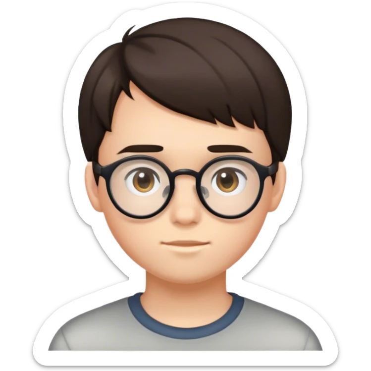 15 year old with dark brown hair with a hair cut that coveres his forehead has glasses and a round head sticker