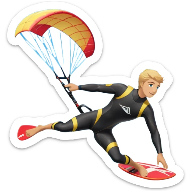 An athlete in a wetsuit, gliding above the waves on a kiteboard, holding onto a paraglider in the sky. The backdrop features a vibrant blue sky and rolling ocean waves, capturing the thrill and skill of the sport with a sense of freedom and adventure. sticker