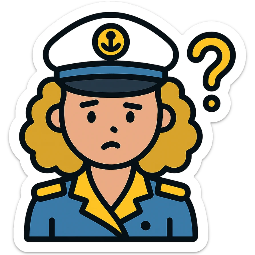 girl with curly dirty blonde hair, cruise captain, questioning look sticker