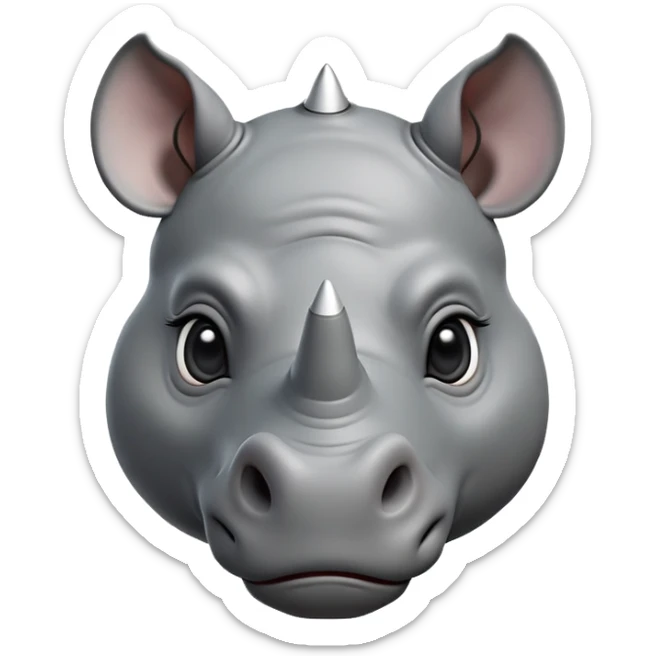 cinematic-noble-cute-rhinoceros-portrait-emoji,slate-grey-hide-poised-and-regal,-with-a-massive,-powerful-build-and-a-thick,--deep-set-soulful-piercing-eyes,-simplified-yet-sharp-and-sophisticated-features,-highly-detailed,-large-black-eyes, white horn, front facing sticker