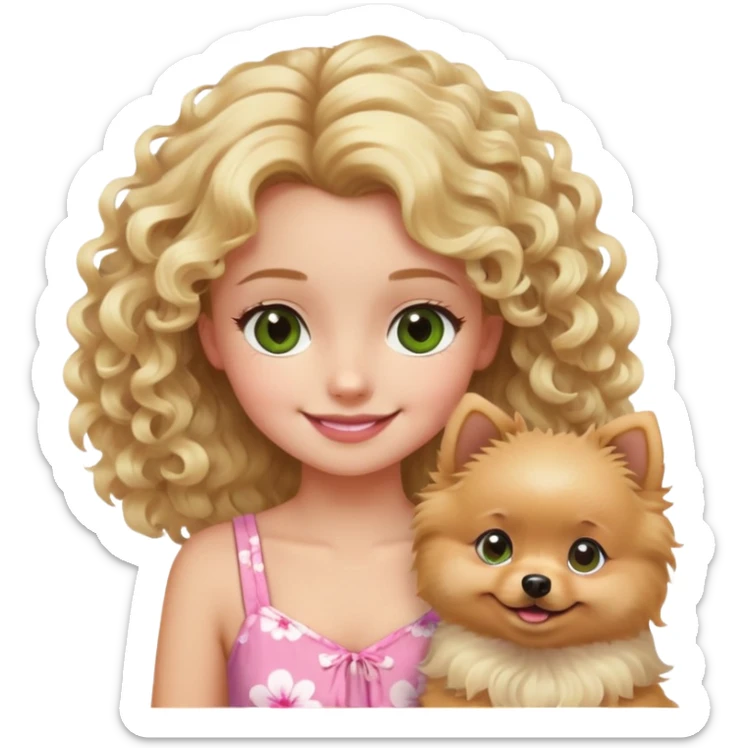 smiling girl with blonde curly hair and brown/Green eyes with a Blond Pomerania in a pink summer dress  sticker