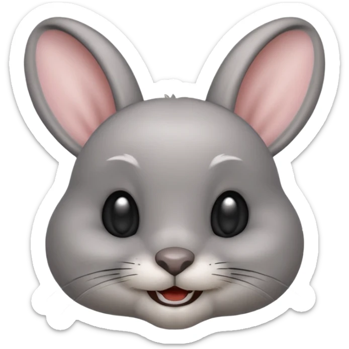 Head of a grey rabbit in Apple emoji style, round face, soft grey fur, big black eyes, perky ears, gently showing two front teeth in a subtle smile, front-facing, clean and glossy look
 sticker