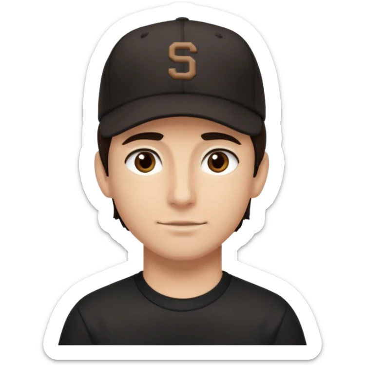 male, dark brown hair, dark brown eyes, fair skin, black baseball hat, dry fit tee sticker