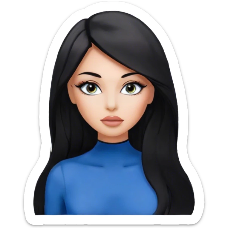 Glamours, tanned, very beautiful girl, with big pump peach-beige-rose lips, eyeliner, long long lashes, black straight smooth silky long hair, straight parting hair, blue-grey eyes, in totally black bodysuit  sticker