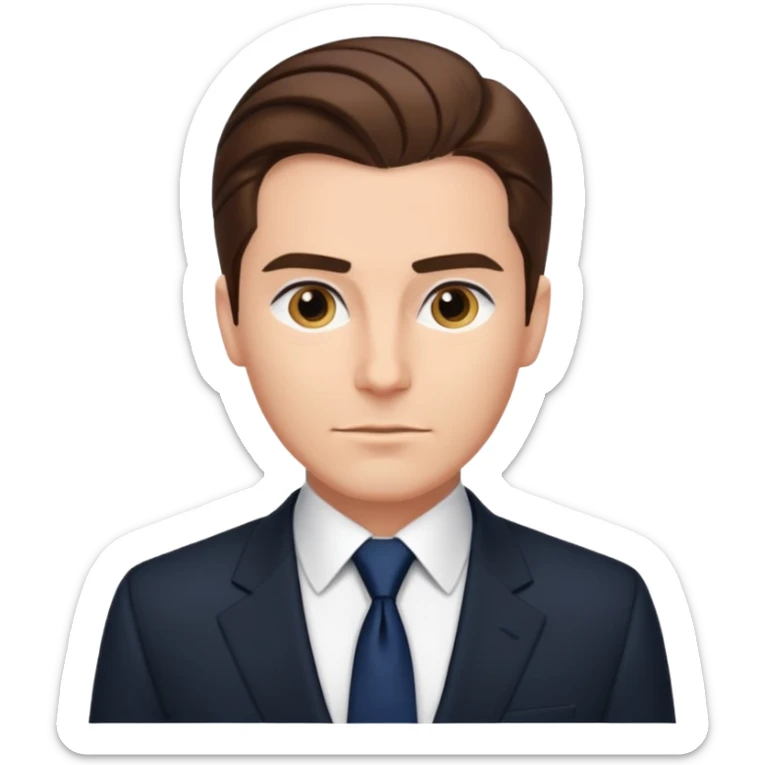 Caucasian man with slicked back brown hair, black suit, navy tie, elegant look sticker