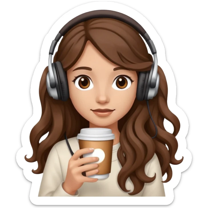 A girl with brown wavy long hair, wearing headphones on her head and holding coffee in her hand sticker