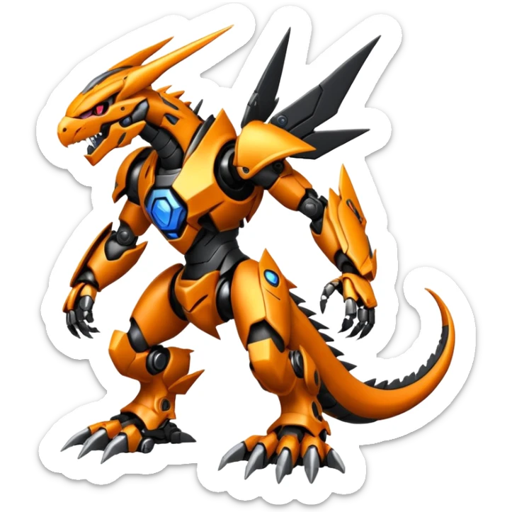 Cool Futuristic Black Orange Cyber-Digimon-Fakemon-Guilmon-Guilmon-Raptor-Wargreymon-Mecha-fusion (full body) sticker