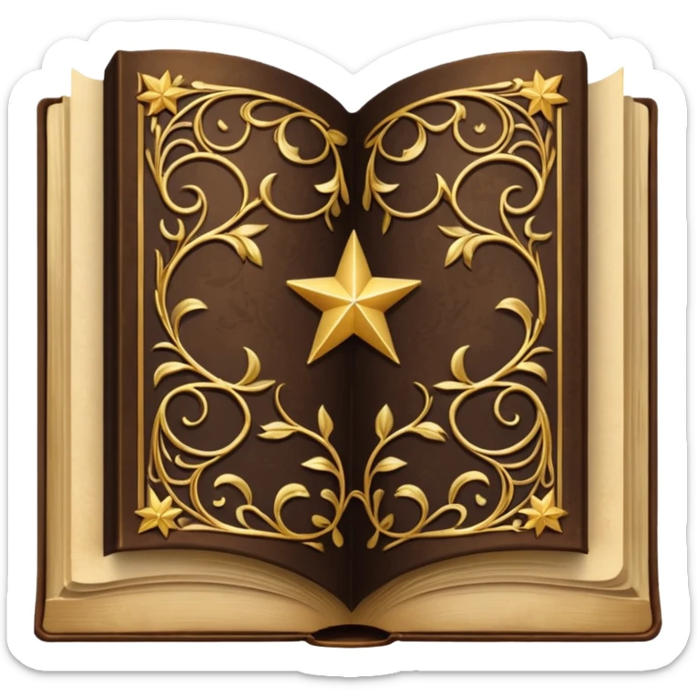 An open, ornately decorated book rendered in a highly detailed. The book's cover, framed with a broad, golden border, is a rich, dark brown, embellished with intricate golden filigree designs, including scrolling vines and decorative stars. sticker