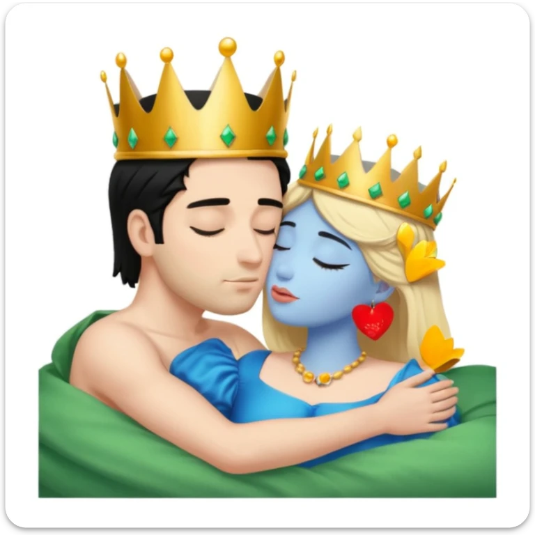 Blonde Queen with crown, Green eyes, naked, kissing man, naked, no crown, black hair, blue eyes, whole Body, Background sleeping room  sticker