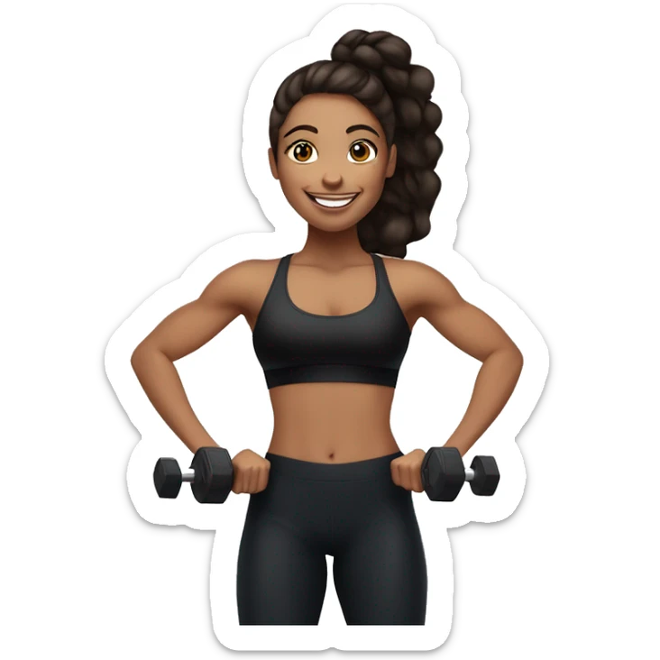 Gym girl lifting weights,bruenette hair blue eyes, smiling wearing black gym leggings sticker