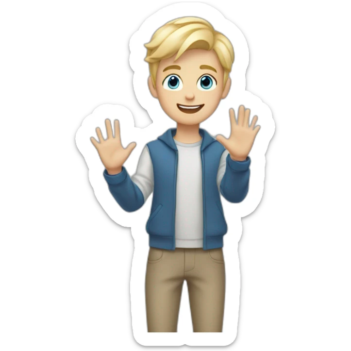 Blonde teen boy with medium short hair, blue eyes, waving hi to the camera sticker
