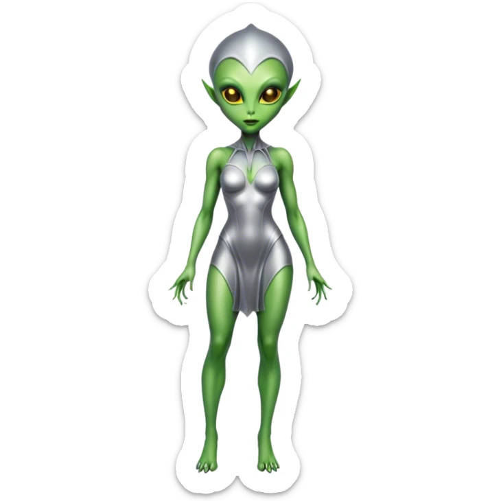Green Alien woman in silver dress, full figure, scale skin, yellow eyes sticker