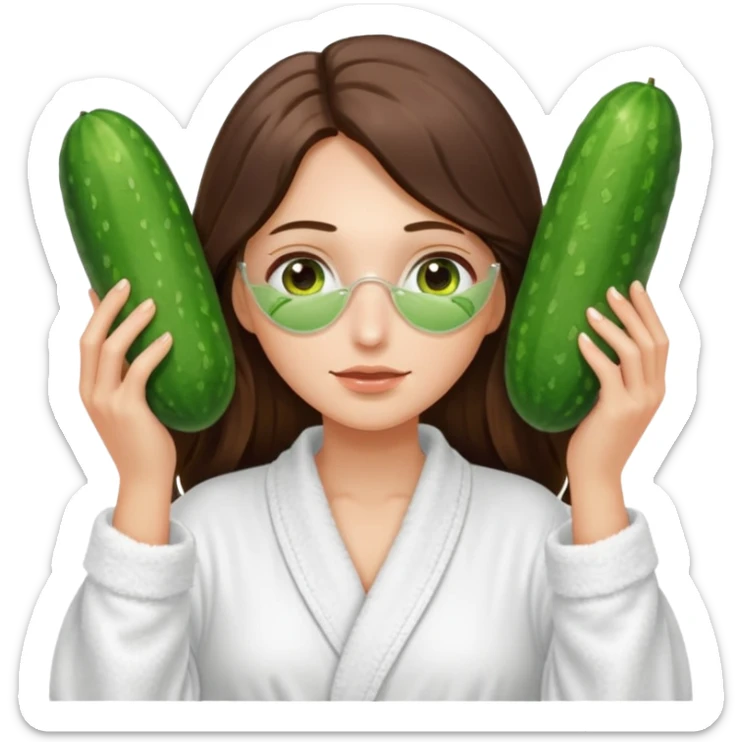 white long brunette hair girl with hazel eyes in a bathrobe with cucumbers covering her eyes sticker