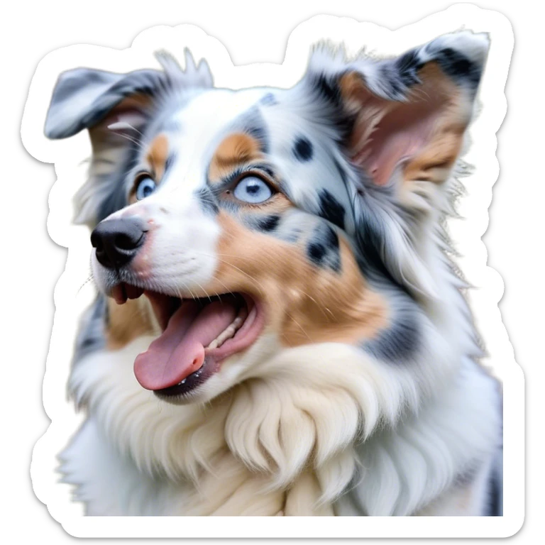 Cinematic Cute Yawning Blue Merle and White Australian Shepherd Portrait Emoji, Head tilted slightly with a dramatic, wide-open yawn, soft blue merle fur with crisp white accents, floppy ears slightly drooping, round blue eyes barely open in drowsy contentment, Simplified yet irresistibly adorable features, highly detailed, glowing with a soft, cozy glow, high shine, relaxed yet expressive, stylized with a touch of whimsy, bright and endearing, soft glowing outline, capturing the essence of a sleepy yet affectionate pup, so drowsy it feels like it could stretch right out of the screen and curl up for a nap! sticker