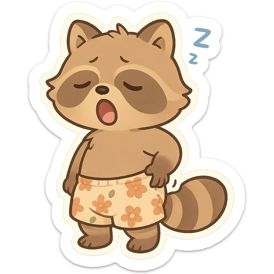 A little raccoon just woke up, wearing flowery shorts, scratching his butt with one hand sticker