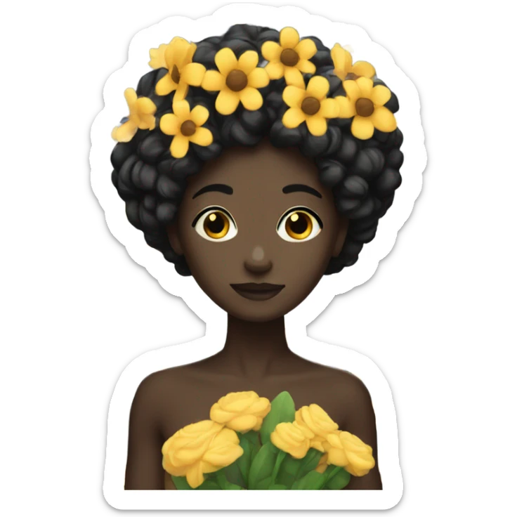 Black skin with black hair holding a lot of flowers sticker