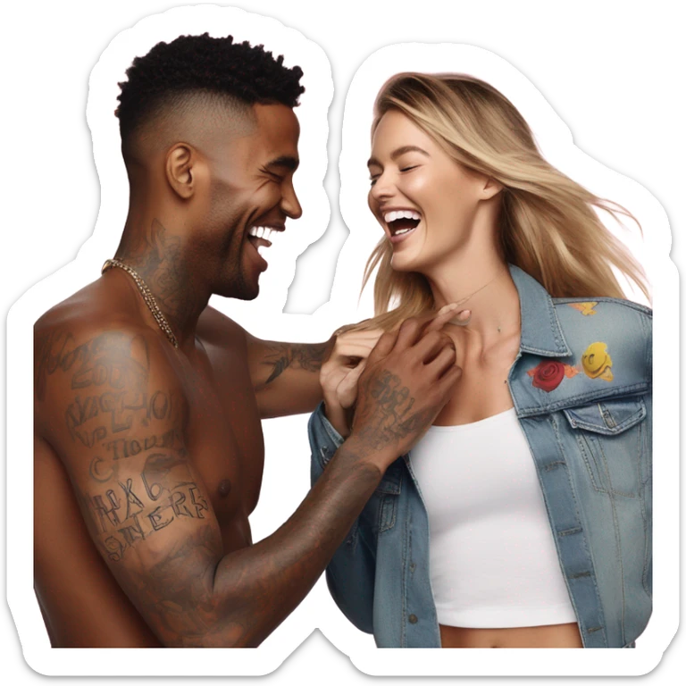 Photo of Victoria secret model laughing with a tattooed male model  sticker