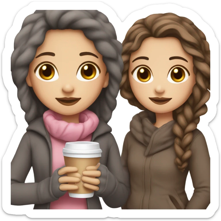 Girl with brown hair with dark gray highlights, fair skin, long beautiful hair, soft pink lips, brown eyes, drinking coffee and wearing winter clothes eting cake , white girl sticker