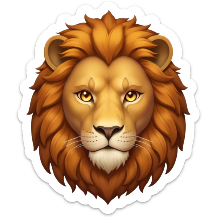 Cinematic Noble Lion Portrait Emoji, Poised and regal, with a powerful, muscular build and a majestic, tawny mane, deep-set soulful amber eyes, Simplified yet sharp and sophisticated features, highly detailed, glowing with a warm, dignified glow, high shine, intelligent and fierce, stylized with an air of wild majesty, focused and attentive, soft glowing outline, capturing the essence of a watchful and confident king, so majestic it feels as though it could roar out of the screen with effortless authority! sticker