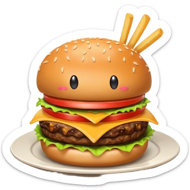 Burger on a plate with fries. The burger is smiling and there is drool coming out of its mouth. The burger looks euphoric and delicious.  sticker
