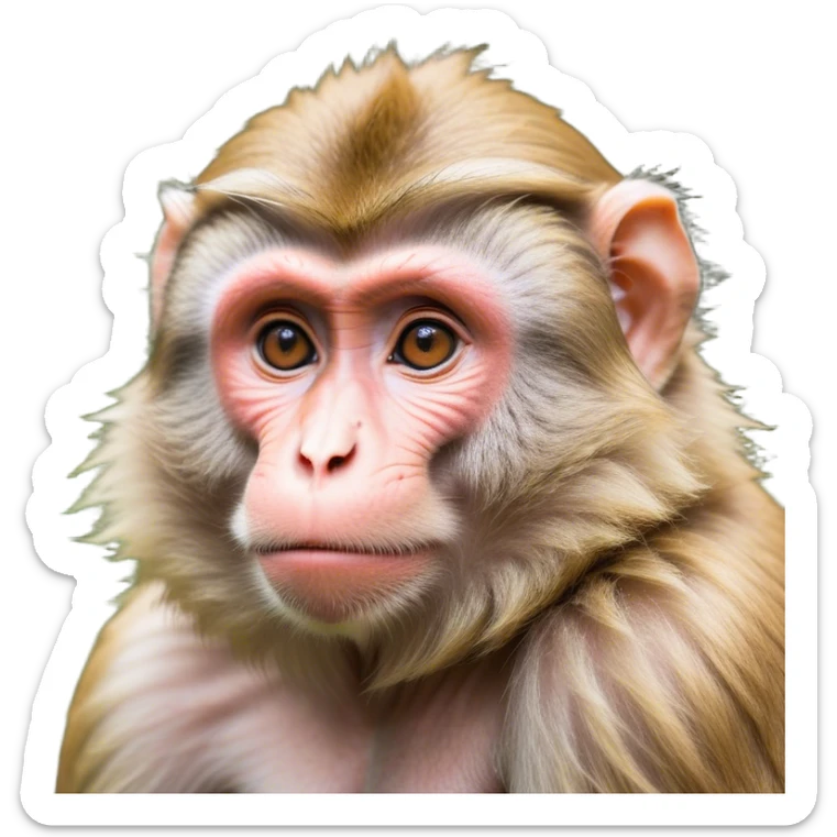 Cinematic Noble Macaque Portrait Emoji, Poised and regal, with a smart, agile build and expressive, deep-set eyes, adorned with soft, detailed fur and a dignified expression, Simplified yet sharp and sophisticated features, highly detailed, glowing with a soft, natural radiance, high shine, intelligent and commanding, stylized with an air of primate nobility, focused and alert, soft glowing outline, capturing the essence of a watchful and confident guardian that appears ready to leap out of the screen with effortless authority! sticker