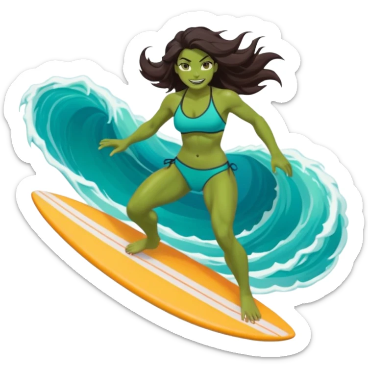 ork female surfer riding big turquoise wave, muscular green body, fierce tusked grin, sporty bikini top and board shorts, long windswept dark hair, focused eyes, surfboard under feet, minimal ocean and sky background, centered emoji, vibrant summer colors, sticker style sticker