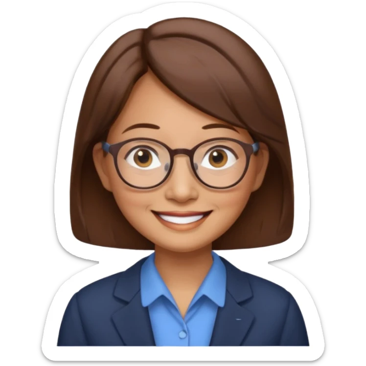 asian female accountant with eyeglasses, round face, brown hair, no tie, 63 years old sticker