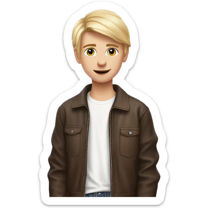 A 17-year-old boy of Scandinavian-Slavic appearance, with shoulder-length blond hair (pink hair at the tips), wearing a white T-shirt and a brown leather jacket shows a heart with his fingers sticker