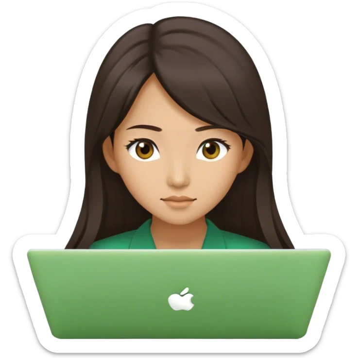 Long hair asian woman working on green laptop with brown eyes sticker