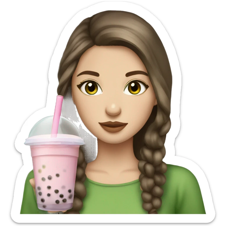 Slavic beautiful girls with brown hair with green eyes and medium hair holding  bubble tea  sticker