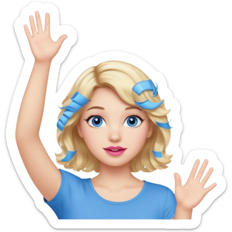Girl Blonde short wavy hair,  blue eyes, cute blue top, long lashes, pink lips, both hand up in the air  sticker