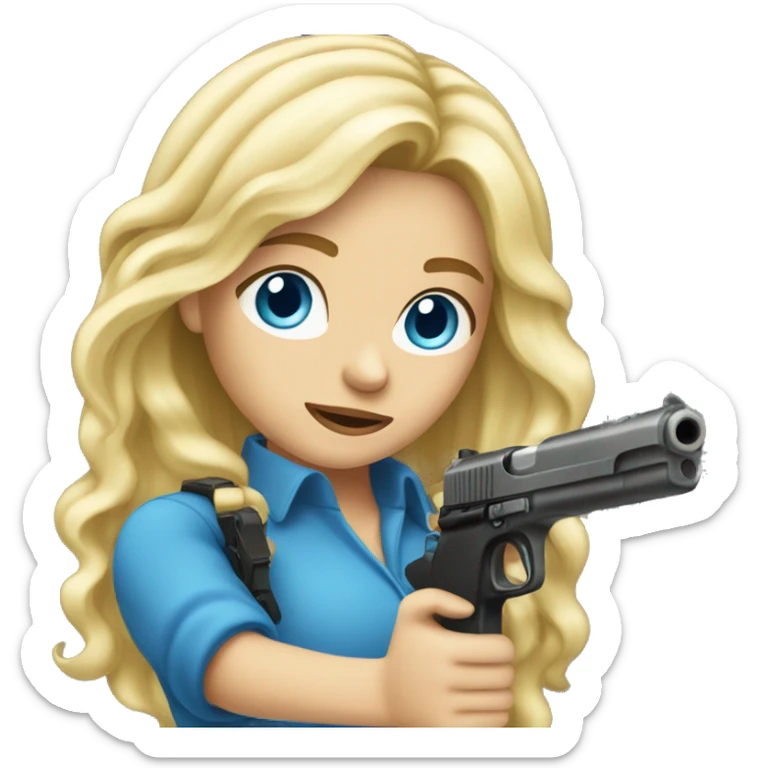 Long Blonde hair blue eyes girl holding gun up sticker