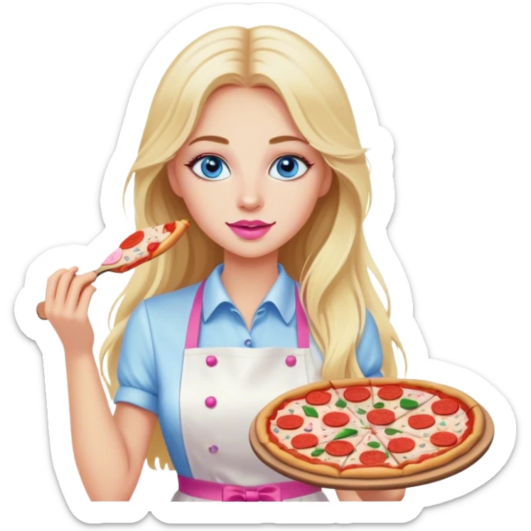 Cinematic realistic beautiful blonde with long hair, blue eyes and pink lips in a white dress cooks pizza sticker