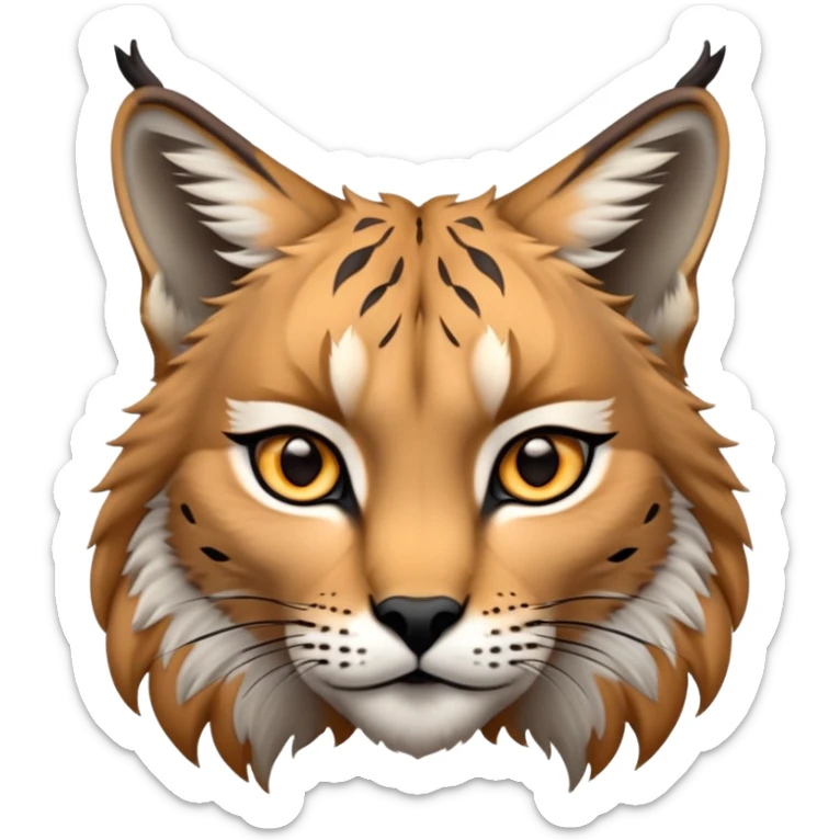 Cinematic-Noble realistic-Lynx-Portrait-Emoji – Poised and regal, with a strong, agile build and a strikingly patterned fur of warm tawny fur accented by bold black ear tufts, deep-set, intelligent amber eyes, simplified yet sharp and sophisticated. zoomed out to show shoulders sticker