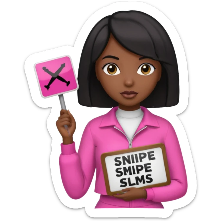 Dark skin woman with black bob in hair holding sign that says snipe  wearing pink outfit  sticker