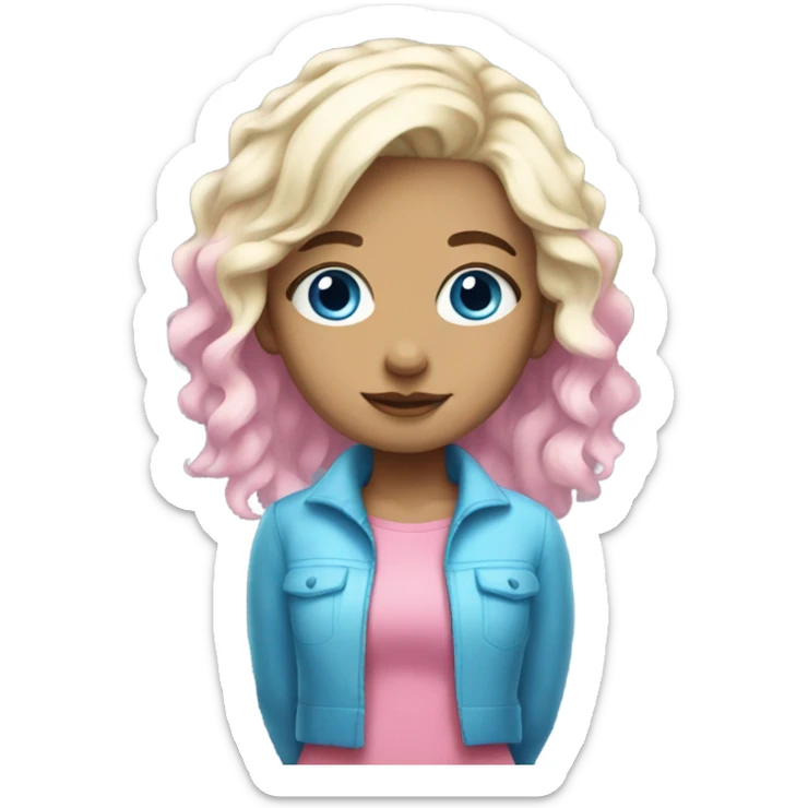 girl with half blonde and half blue hair, blue eyes, fair skin, cute pink clothes sticker
