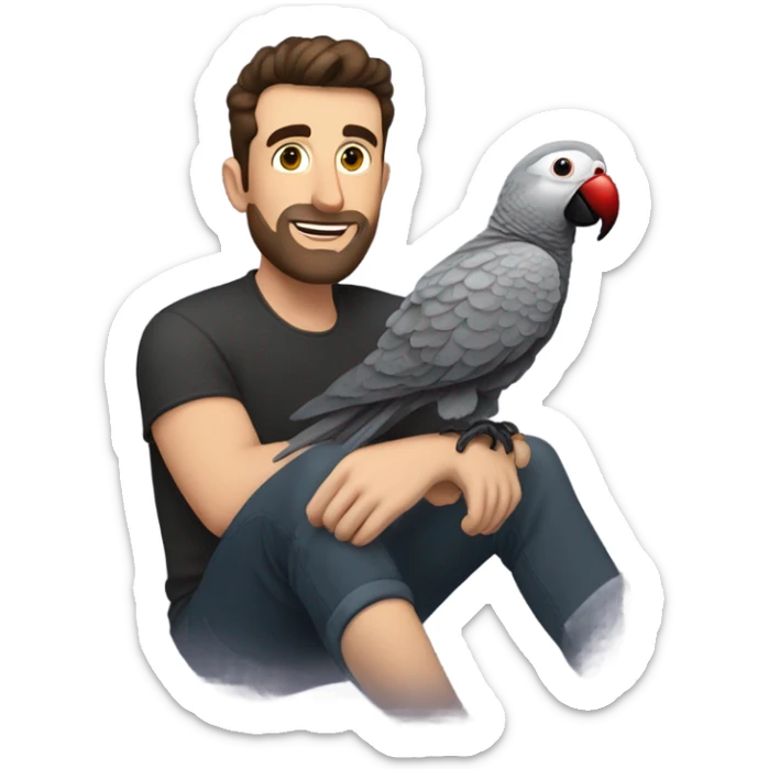 White Man with dark brown pompadour hair and dark brown short beard riding on top of a giant african grey bird sticker