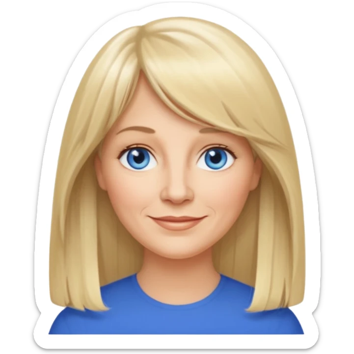 50 yr old white woman, curtain bangs, long straight blond hair, oval face, small smile, blue eyes sticker