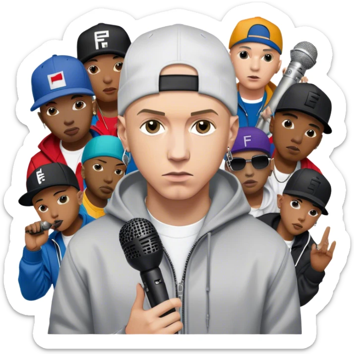 Icon for Hip-Hop Music: Eminem with his signature microphone, surrounded by other hip-hop icons. The design should reflect the raw energy of the genre with urban elements, graffiti, and vibrant colors. Transparent background. sticker