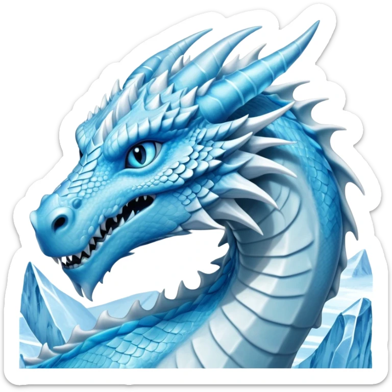 Cinematic Noble wise elegant Ice Dragon Portrait Emoji, Poised and imposing, distinct long elegant snout, with a slender, scaled body shimmering in glacial hues of icy blue, frostbitten silver, and crystalline white, breathing out frost, with piercing, glowing ice blue white eyes that radiate the chilling depths of an arctic storm; rendered in detail. excuding wisdom sticker