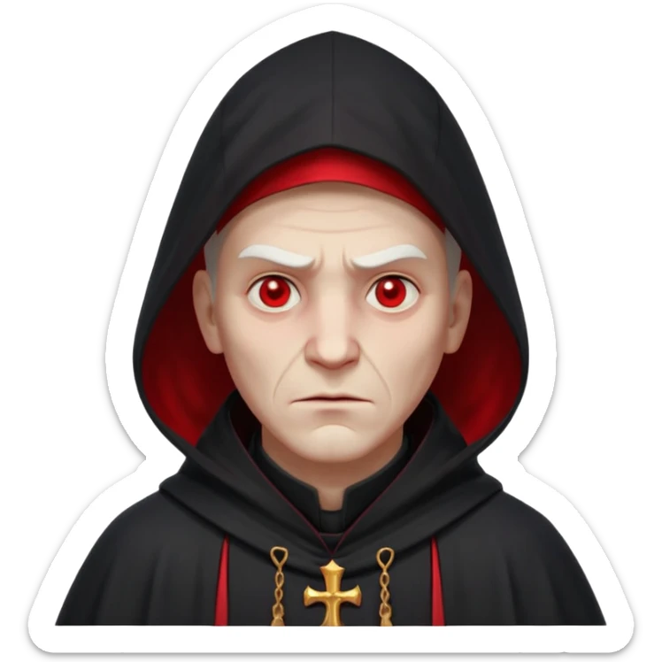 cursed village priest portrait, head and shoulders only, dark hooded robe, mysterious expression, subtle red accents, eerie glow, gothic village atmosphere, 3D cartoon, mobile game icon style, clean background, no text, no watermark

 sticker