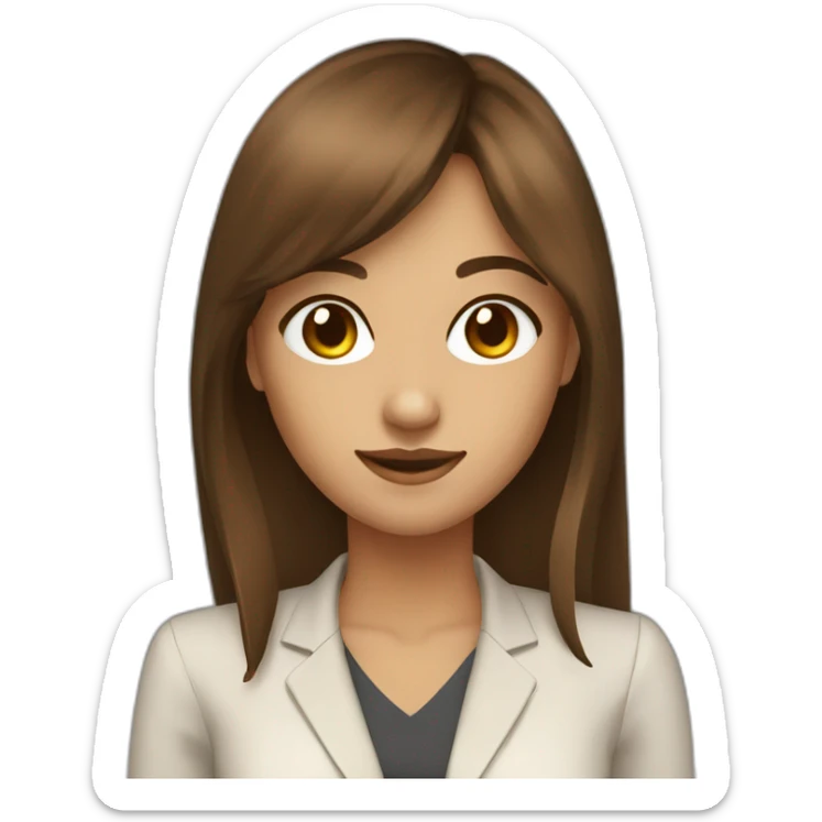 digital business young woman with long brown hair with bangs, brown eyes tan skin with laptop sticker