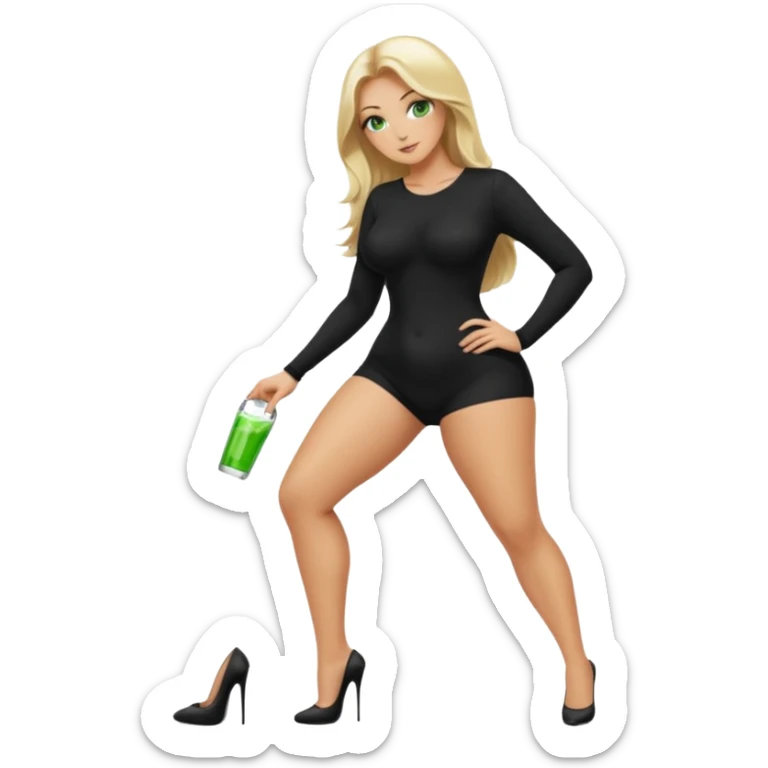 Blonde, green eyed woman with long  hair. She is curvy with a big butt and small breast. She is in sexy black clothes nude and full body exposed. She has nice long legs. She is doing sexy pose sticker