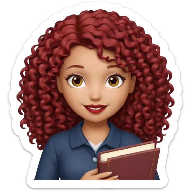 generate a pretty bratz girl curly dark red hair, brown lipstick on, smiling. Book in hand sticker