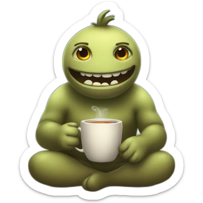 A cartoony creature sitting on floor with a cup of tea motioning  and beckoning the viewer to sit next to him sticker